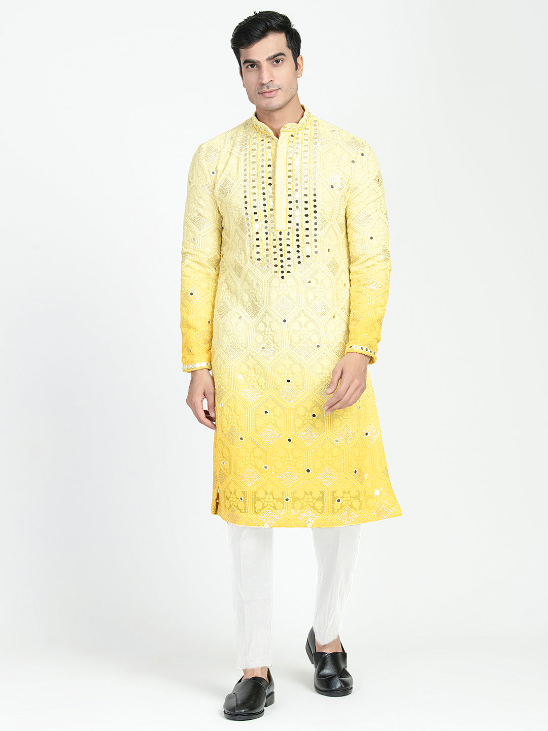 Mens Chikankari Mirror Embroidery Ombre Effect Kurta Set