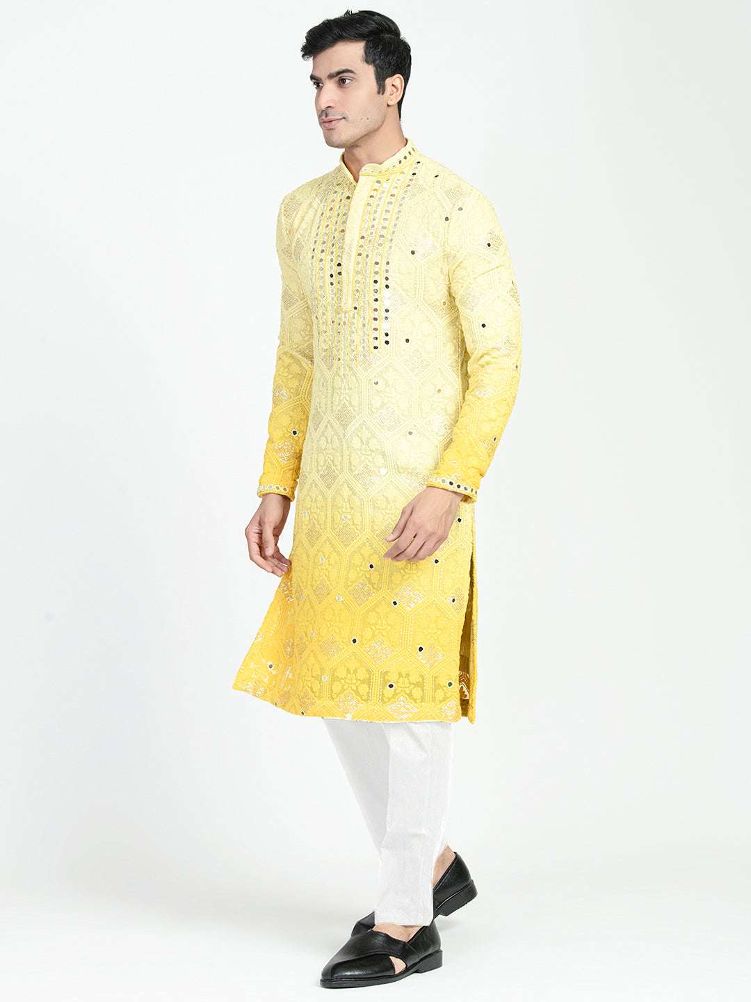 Mens Chikankari Mirror Embroidery Ombre Effect Kurta Set