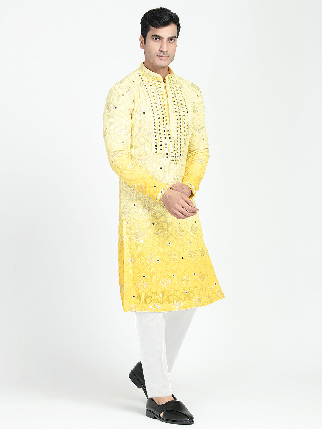 Mens Chikankari Mirror Embroidery Ombre Effect Kurta Set