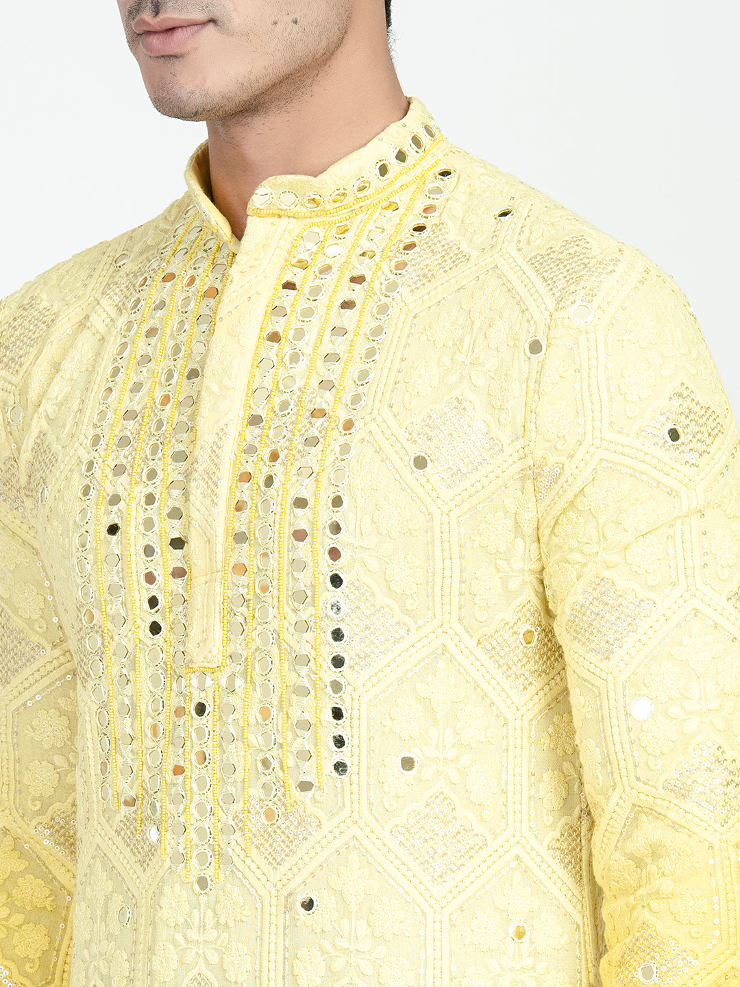 Mens Chikankari Mirror Embroidery Ombre Effect Kurta Set