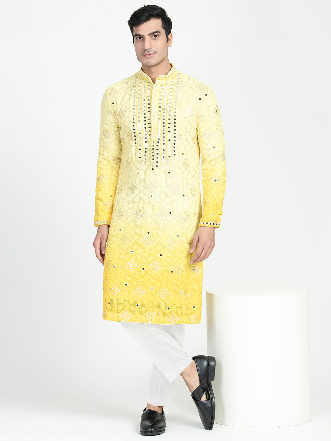 Mens Chikankari Mirror Embroidery Ombre Effect Kurta Set