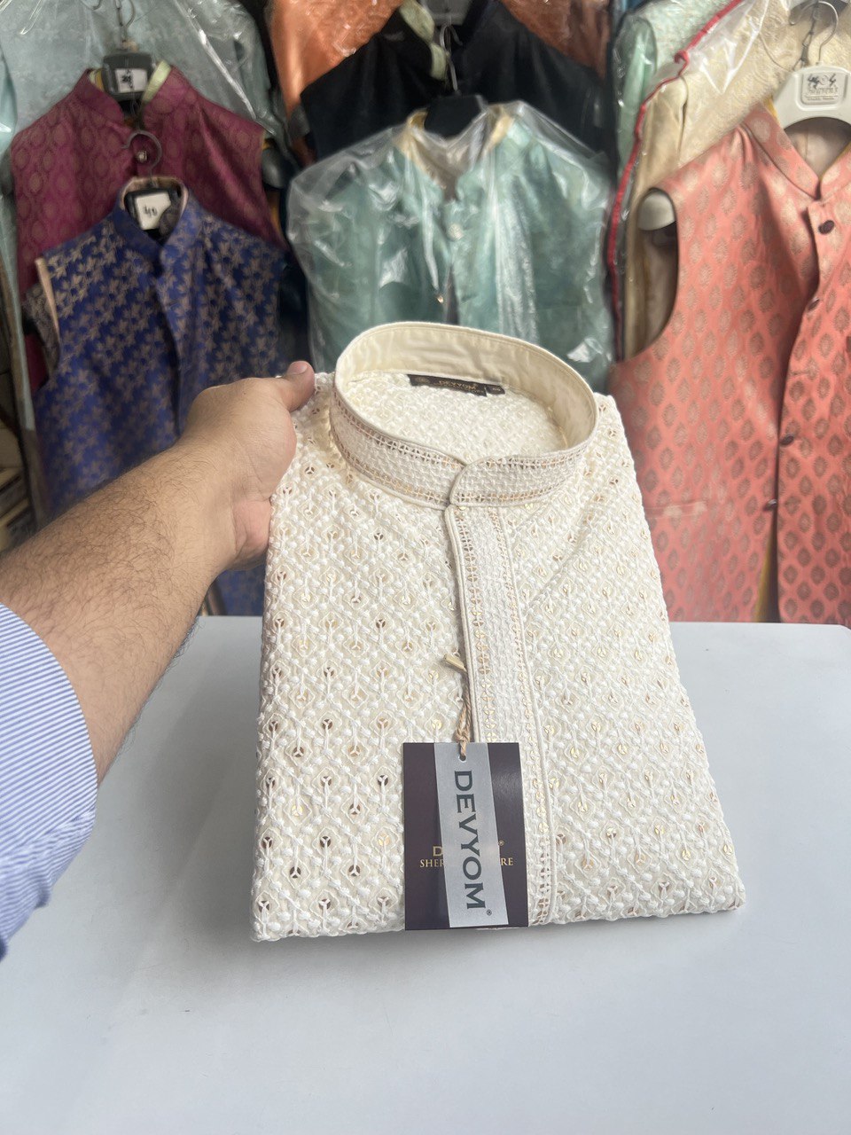 Triple Cream Lucknowi Sequins Kurta Set