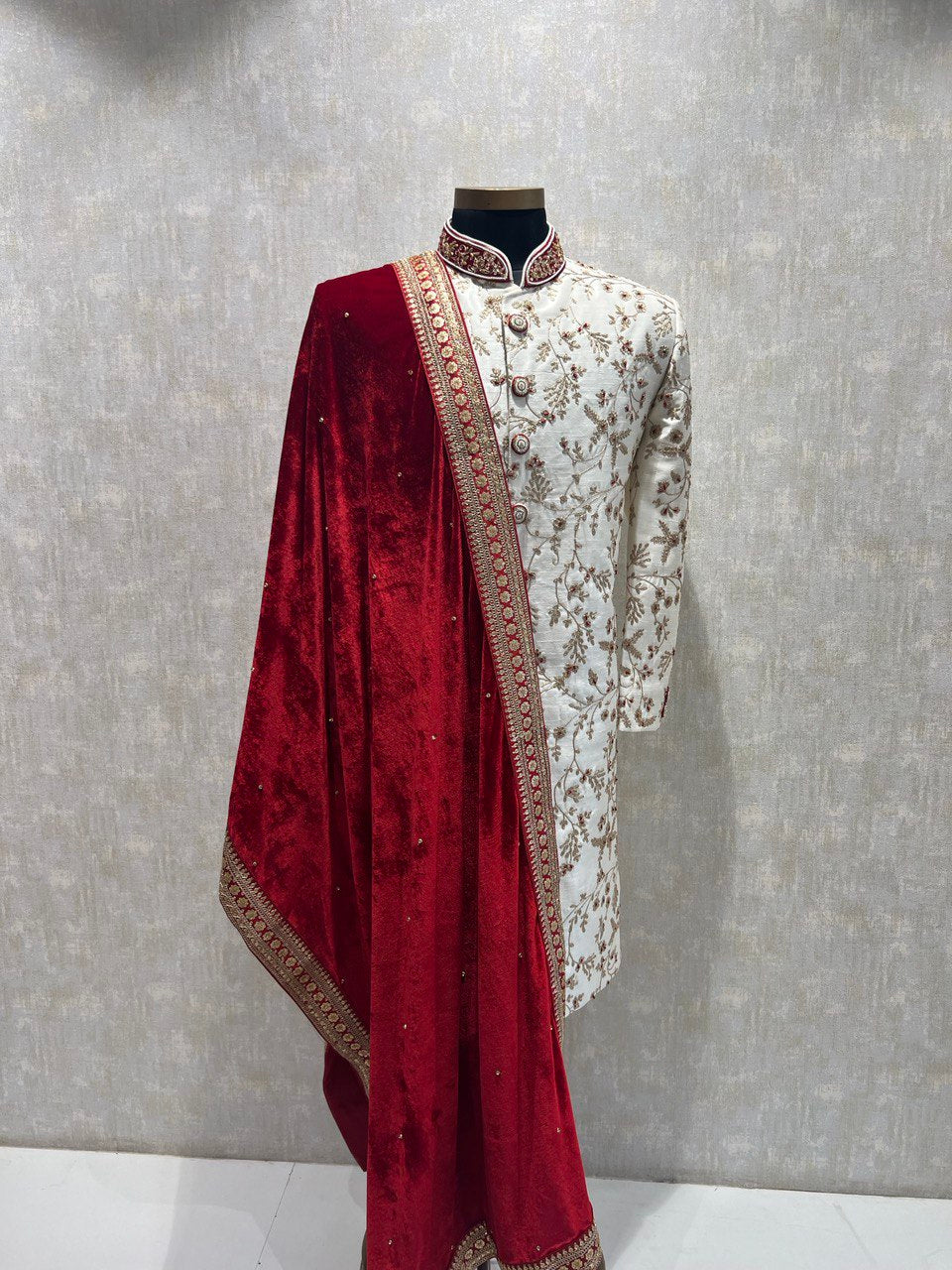 Ivory Dori Work Sherwani Set With Red Hints