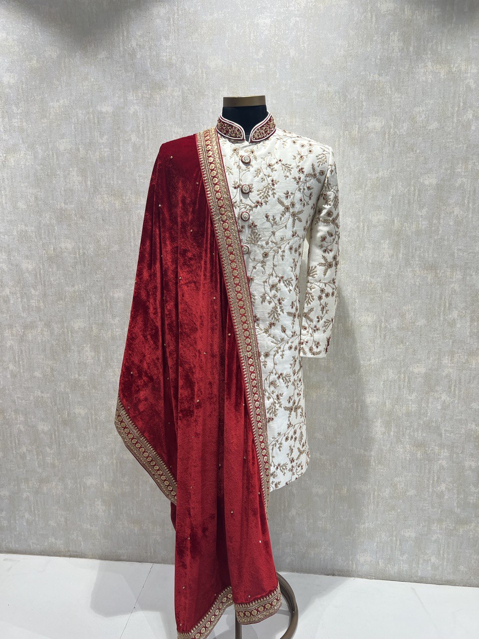Ivory Dori Work Sherwani Set With Red Hints