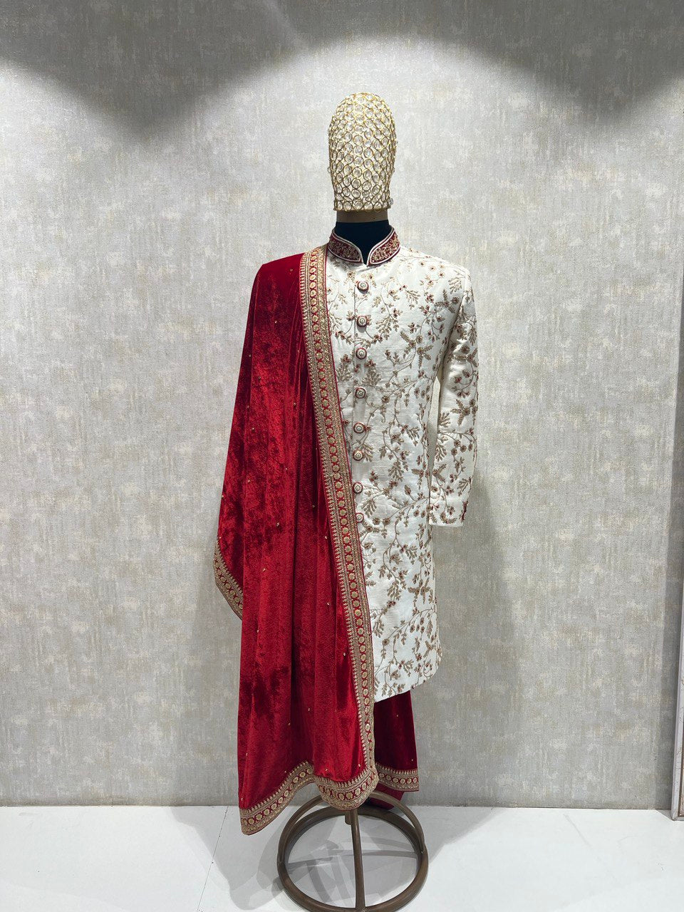 Ivory Dori Work Sherwani Set With Red Hints