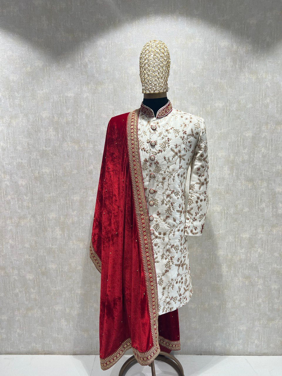 Ivory Dori Work Sherwani Set With Red Hints