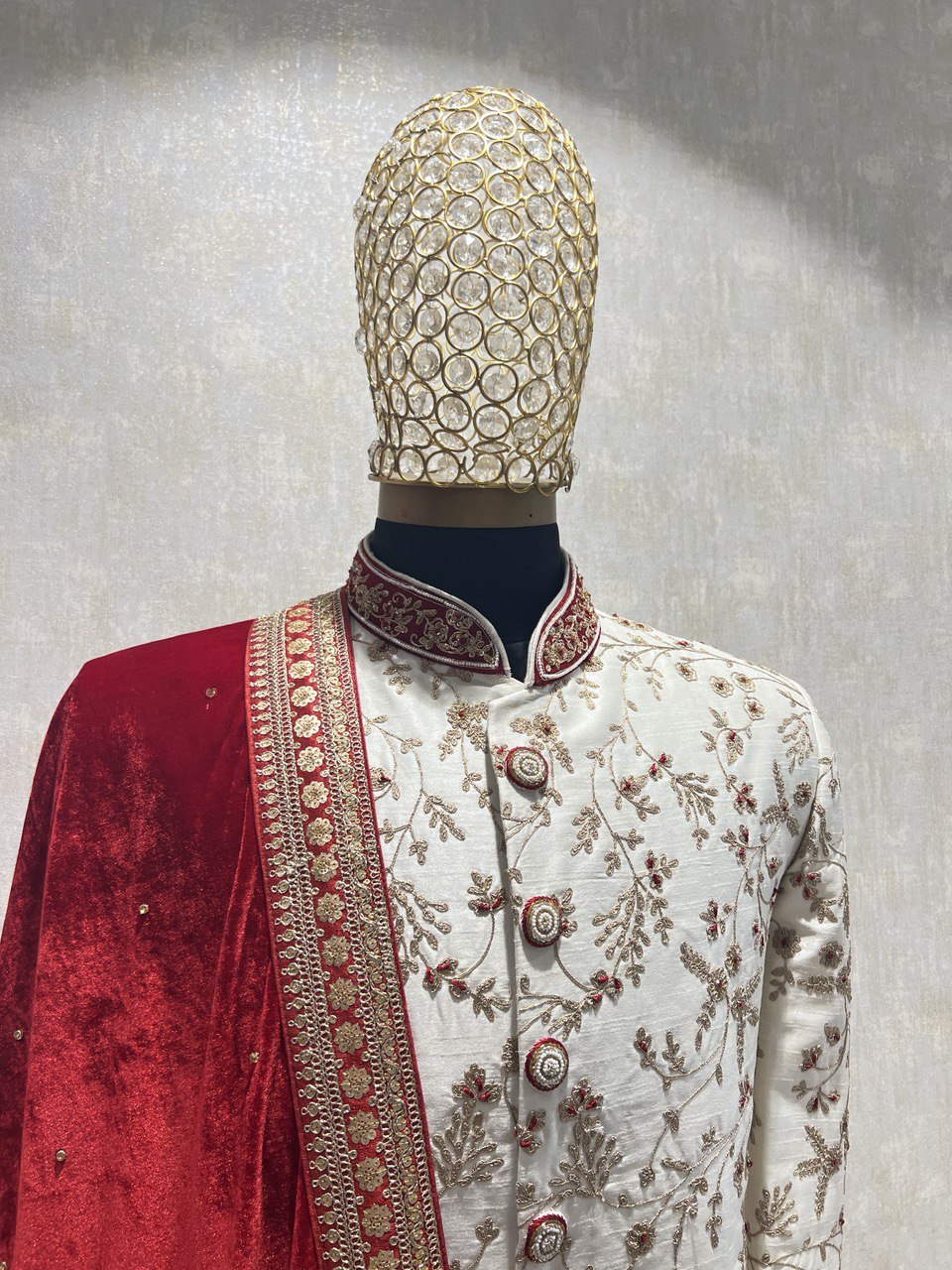 Ivory Dori Work Sherwani Set With Red Hints
