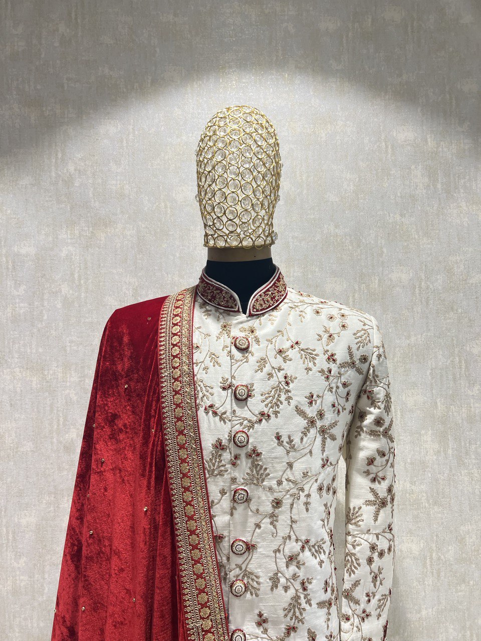Ivory Dori Work Sherwani Set With Red Hints