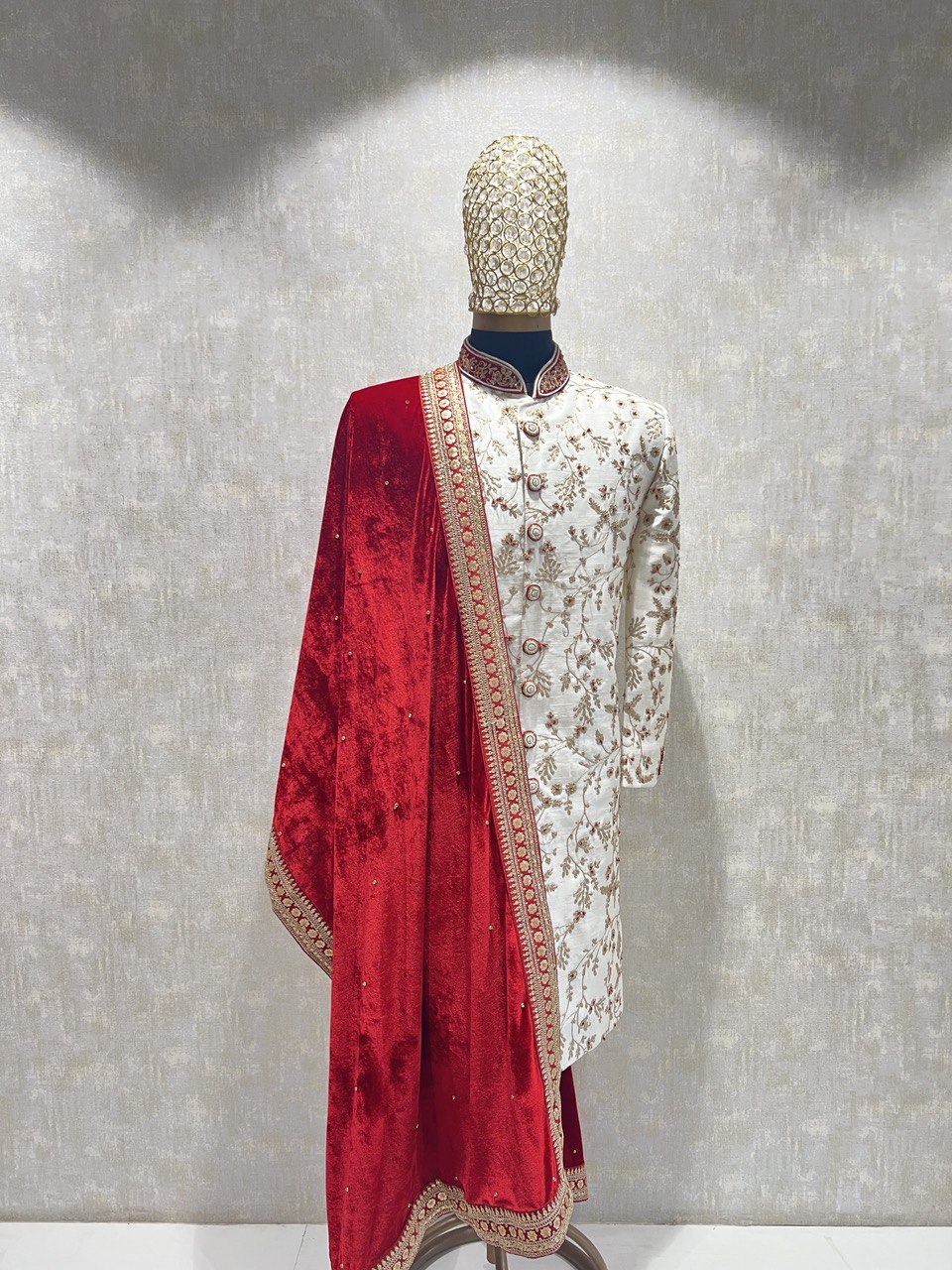 Ivory Dori Work Sherwani Set With Red Hints