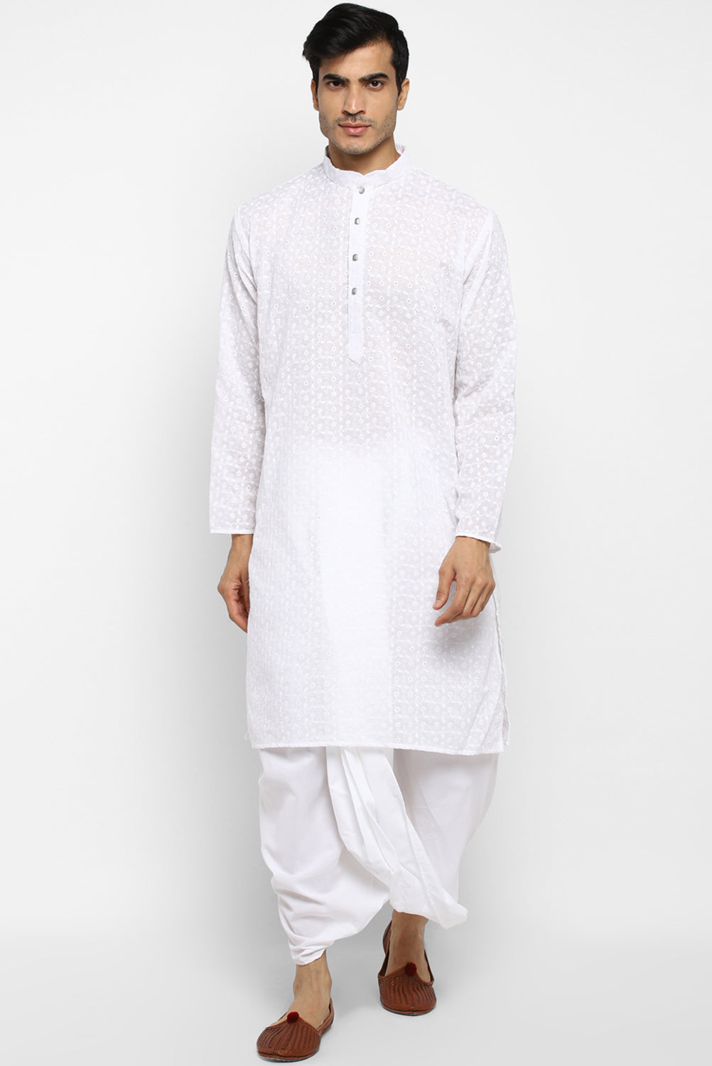 Mens Embroidered Cotton Dhoti Kurta Set