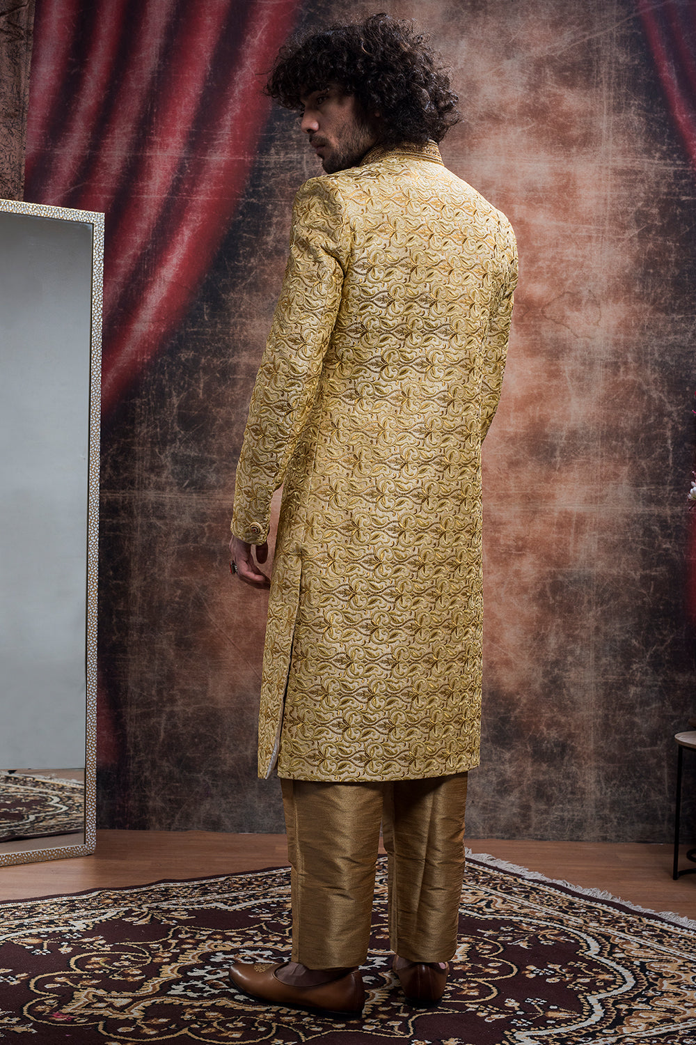 Raw Silk Thread Embroidered Sherwani And Churidar Set
