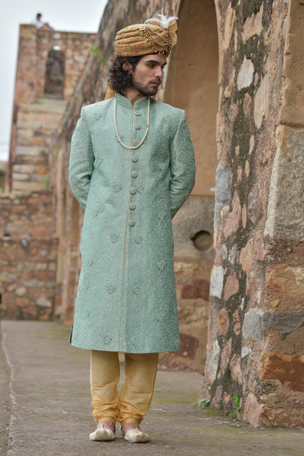 Mint Green Dori Work Sherwani With Churidars