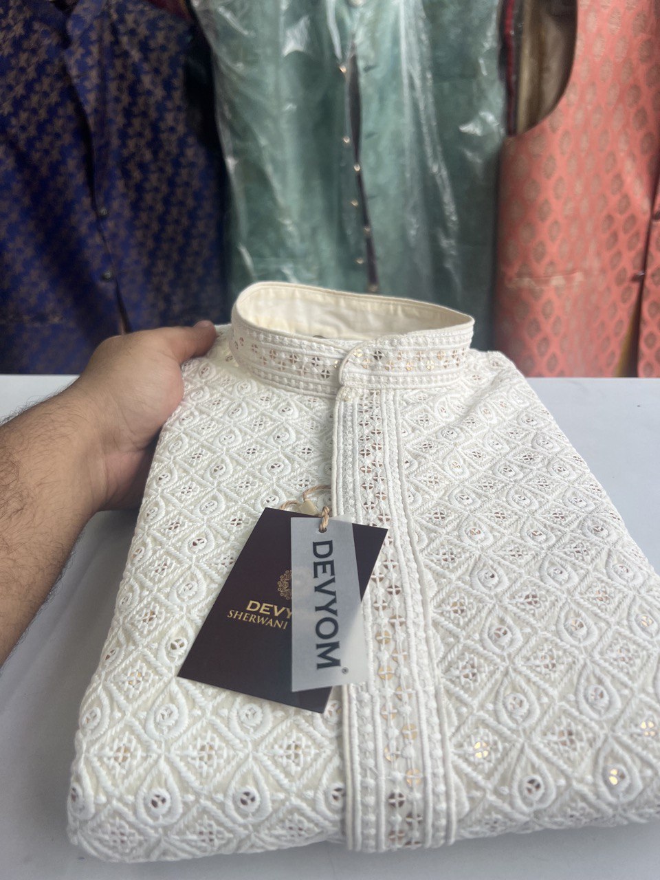 Triple Cream Lucknowi Sequins Kurta Set