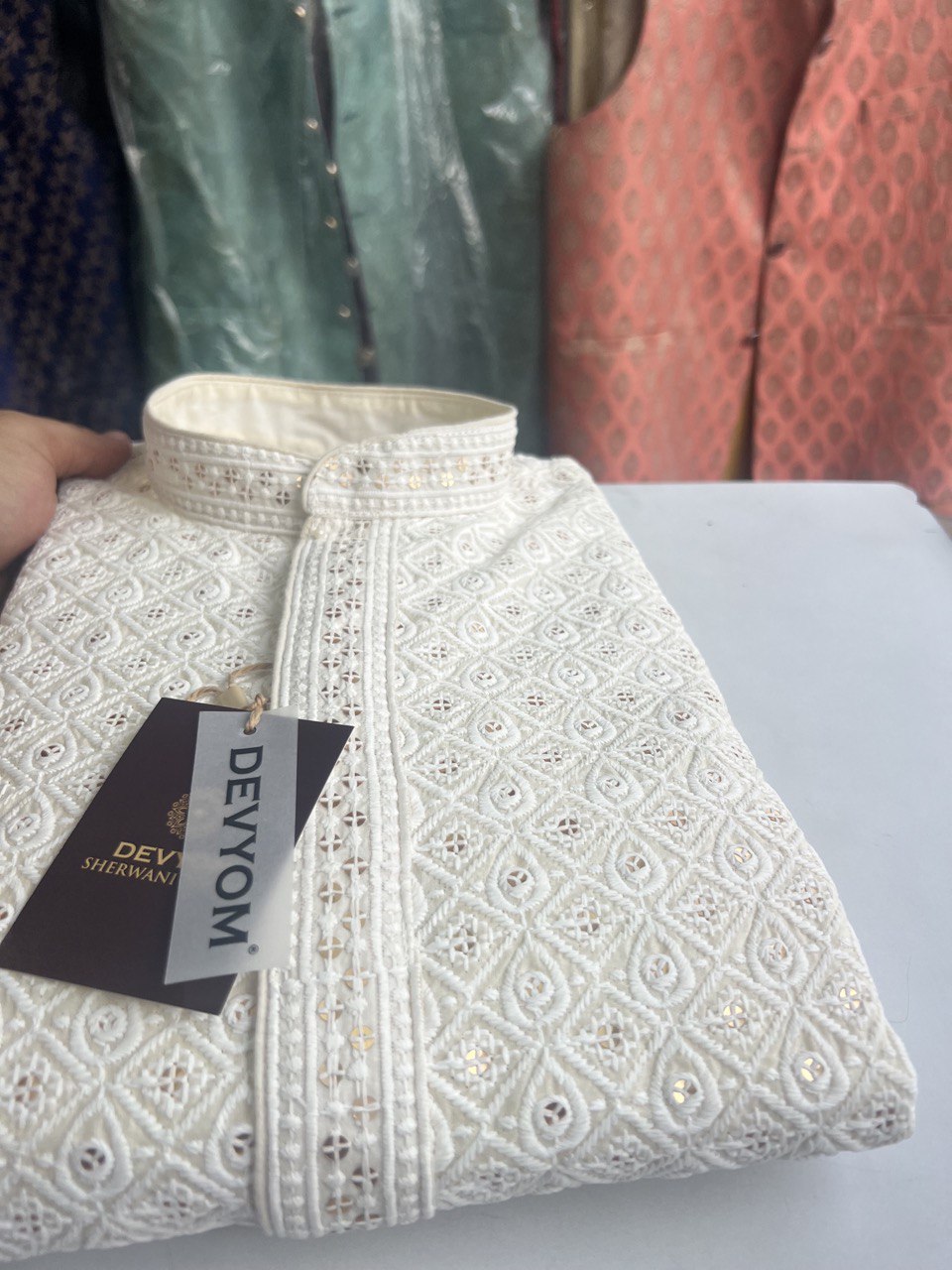 Triple Cream Lucknowi Sequins Kurta Set