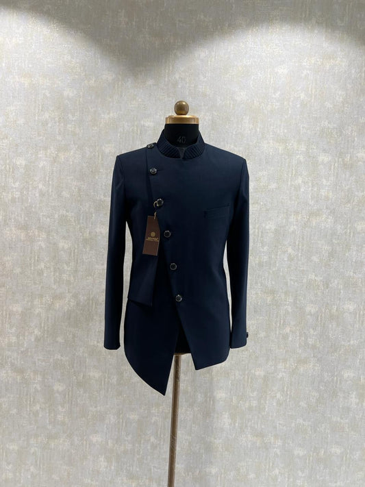 Asymettric Dark Blue Bandhgala Suit Set
