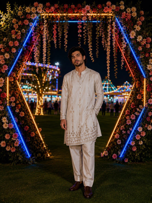 Ivory Embroidered Kurta With Leather Accents