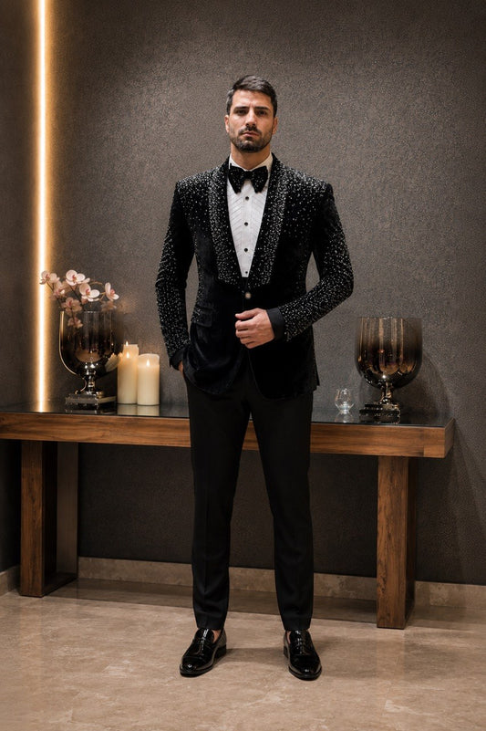 Hand Embroidered Tuxedo With Crystal Embellishments (TUX-001)