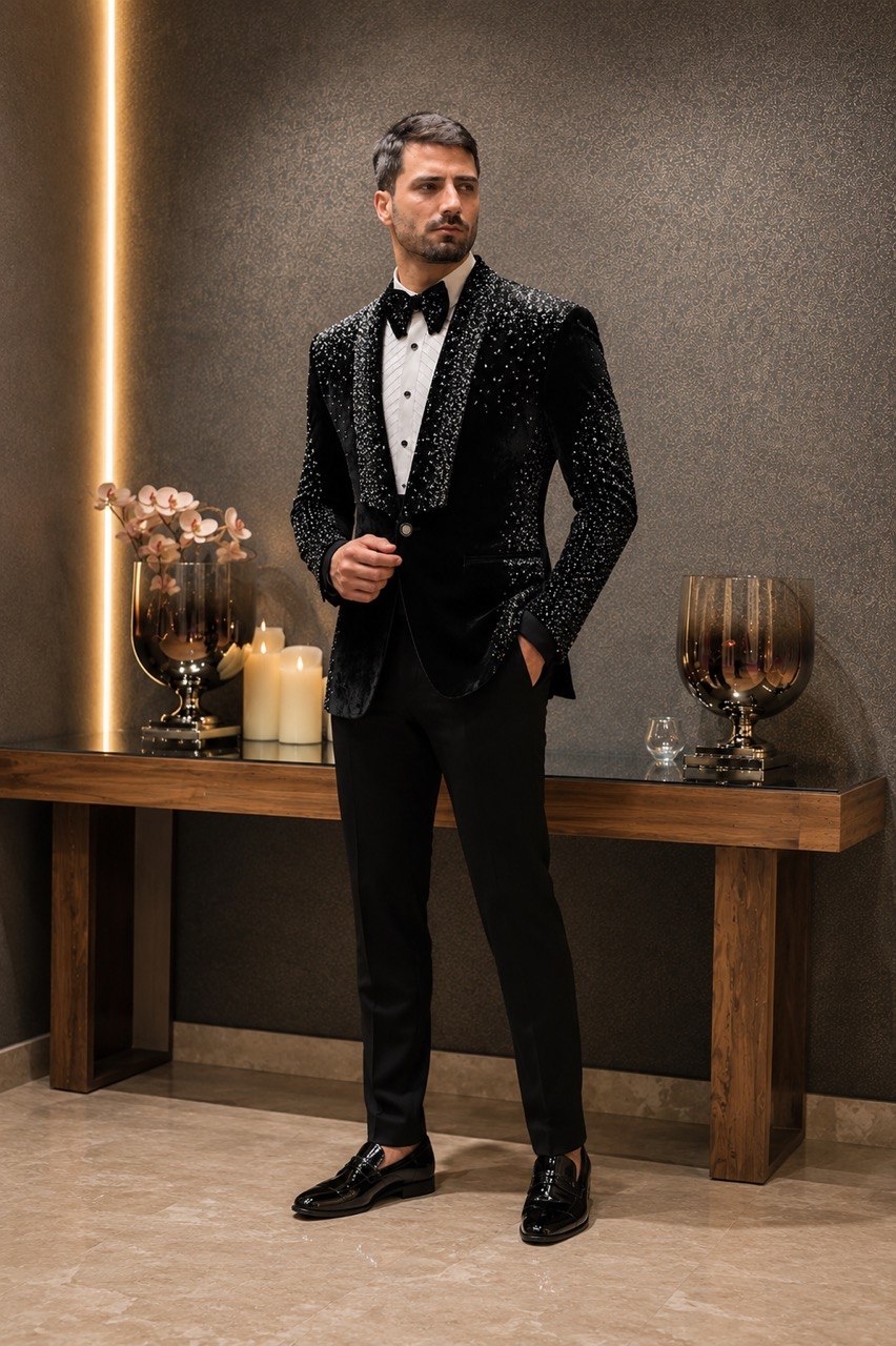 Hand Embroidered Tuxedo With Crystal Embellishments (TUX-001)