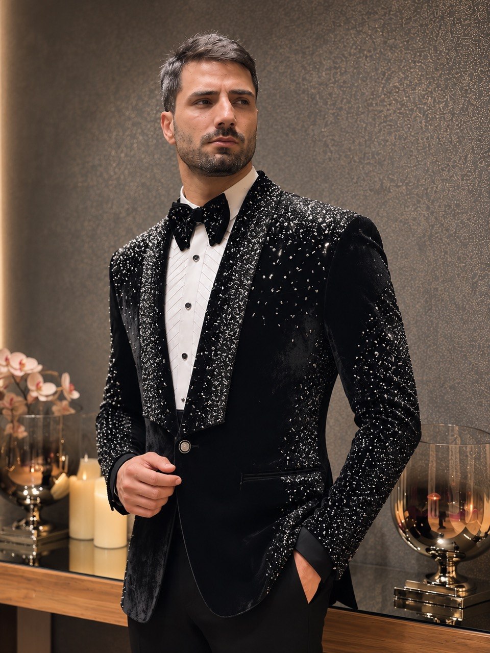 Hand Embroidered Tuxedo With Crystal Embellishments (TUX-001)