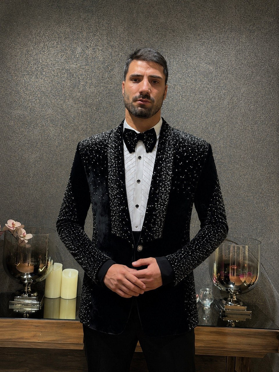 Hand Embroidered Tuxedo With Crystal Embellishments (TUX-001)