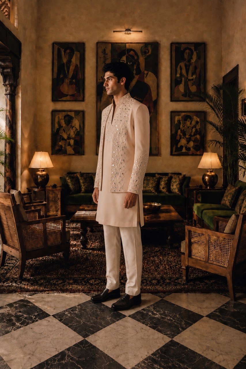Hand Embroidered Glass Work Indowestern Set With V Neck Kurta