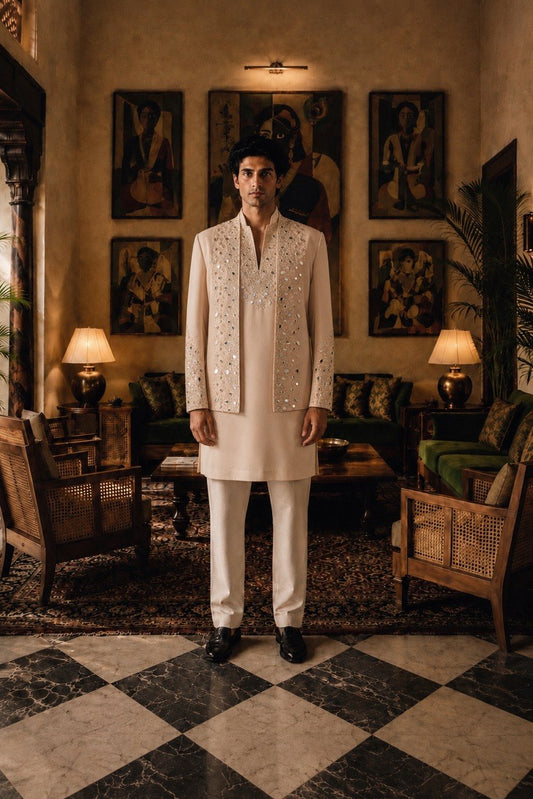 Hand Embroidered Glass Work Indowestern Set With V Neck Kurta