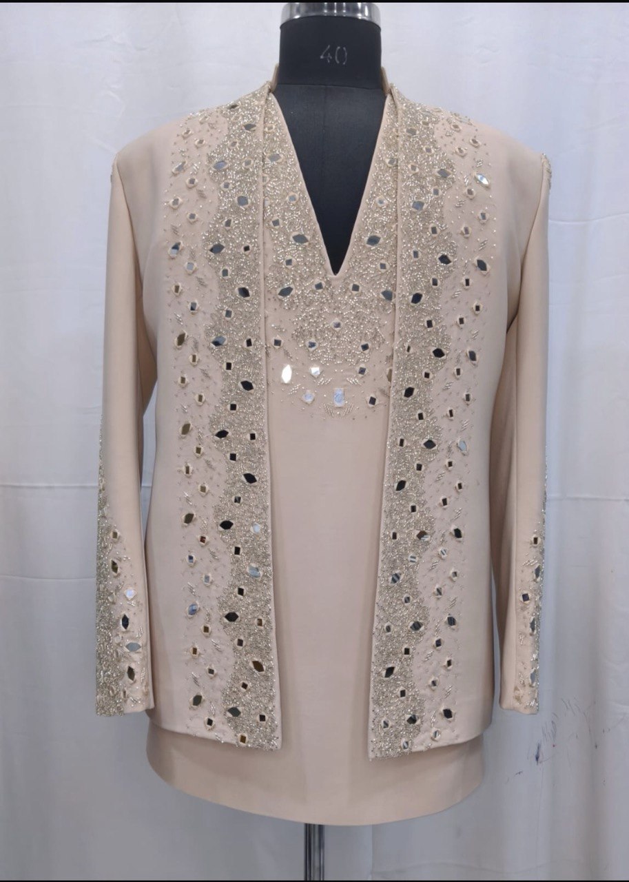 Hand Embroidered Glass Work Indowestern Set With V Neck Kurta