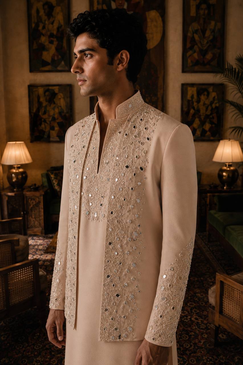 Hand Embroidered Glass Work Indowestern Set With V Neck Kurta