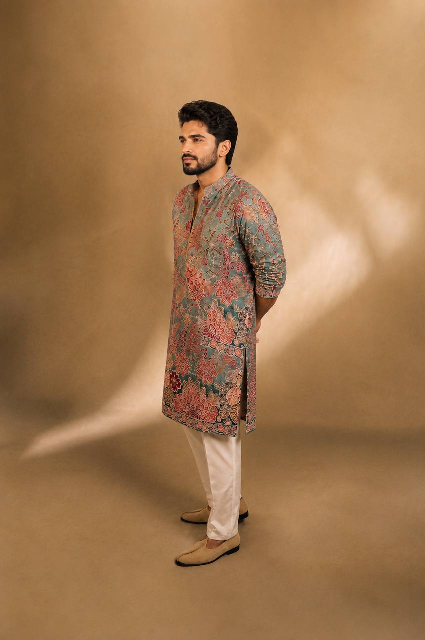Multicolored Floral Themed Embroidered Kurta Set
