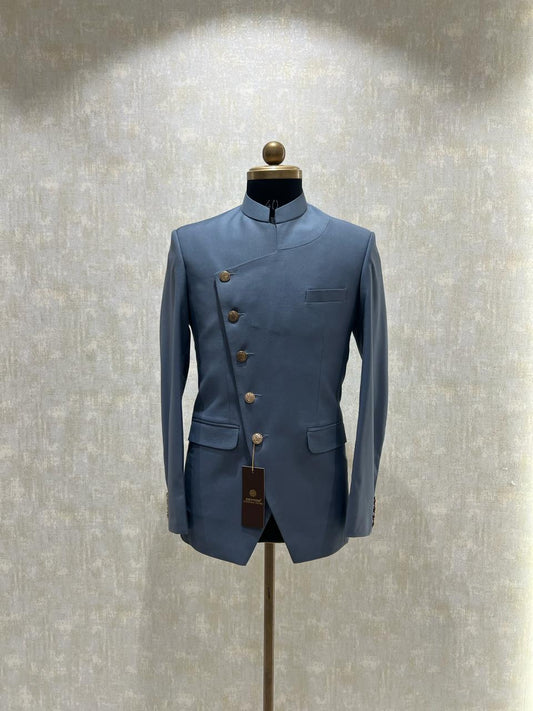 Asymettric Bluish Grey Bandhgala Suit Set
