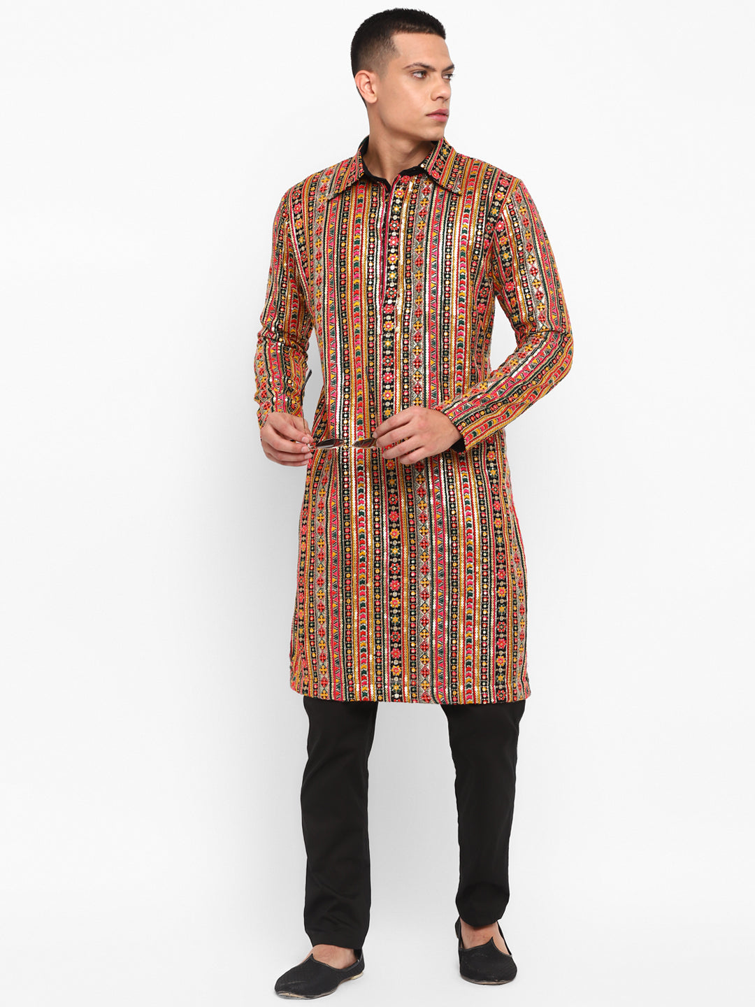 Black Rajasthani Multicolored Kurta Set