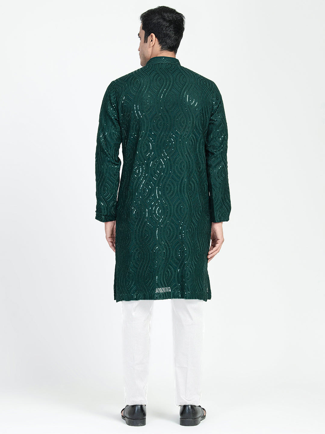 Mens Dark Green Sequins Work Kurta Set