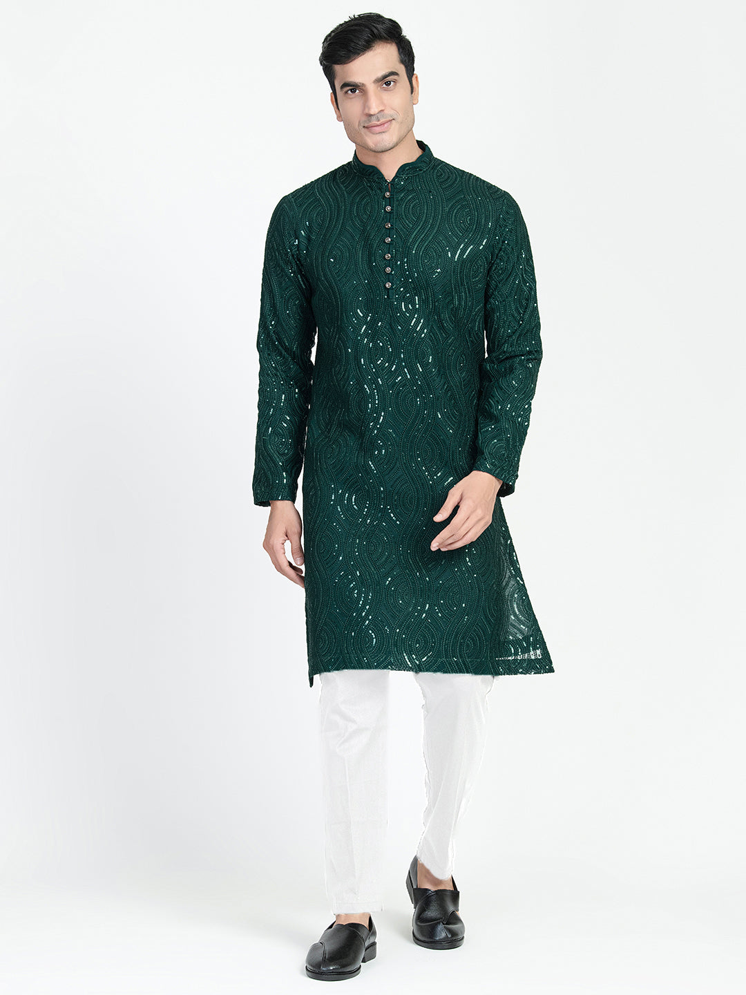 Mens Dark Green Sequins Work Kurta Set