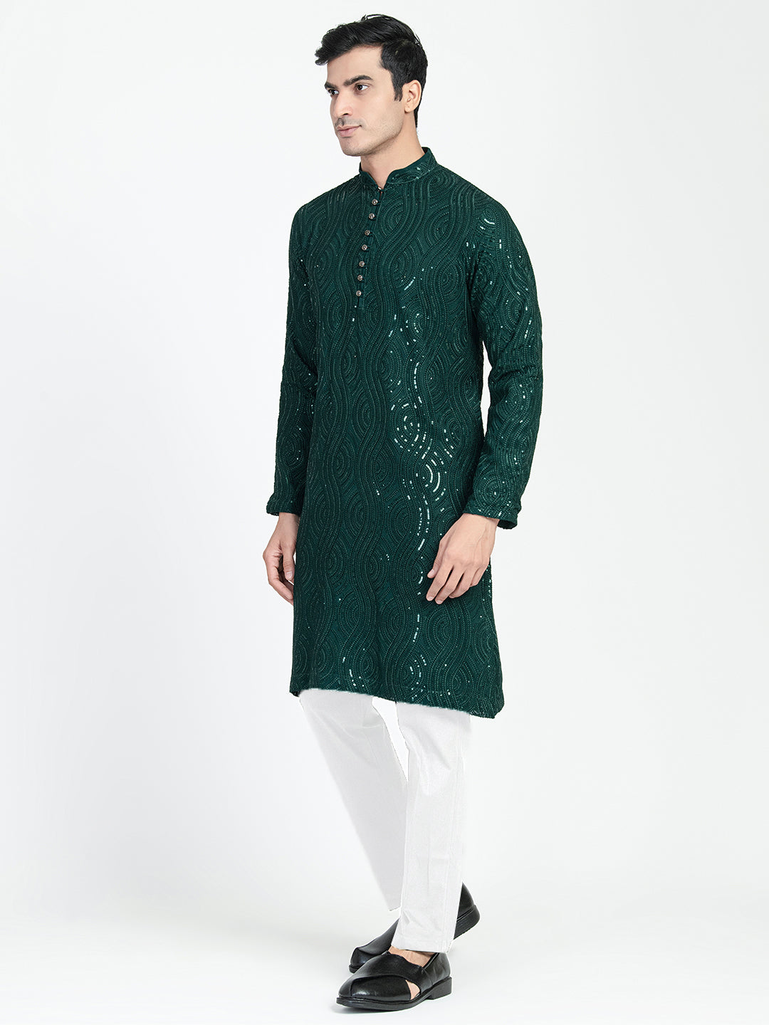 Mens Dark Green Sequins Work Kurta Set