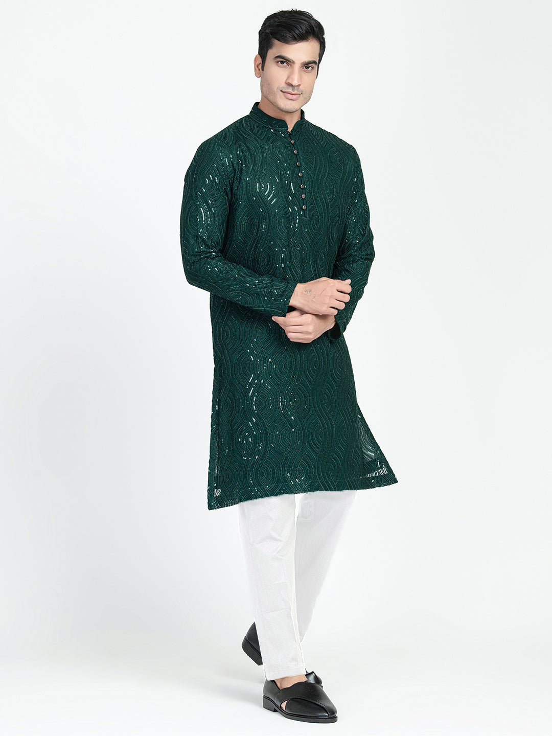 Mens Dark Green Sequins Work Kurta Set