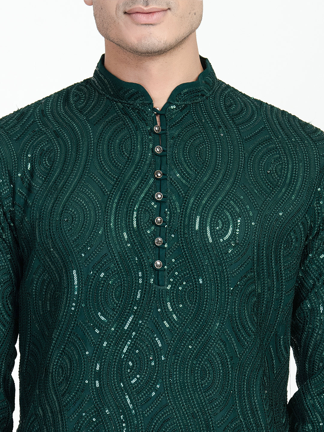 Mens Dark Green Sequins Work Kurta Set