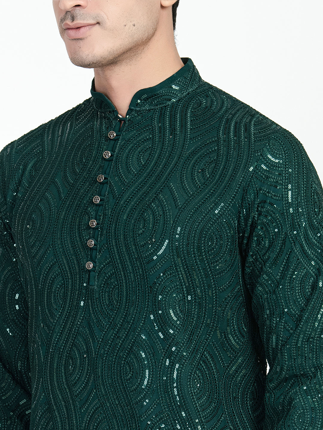 Mens Dark Green Sequins Work Kurta Set