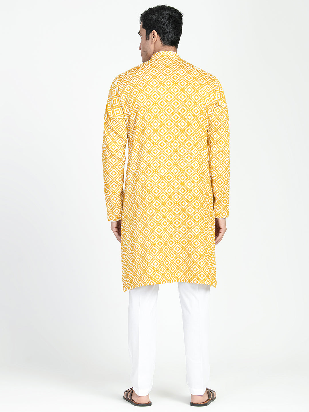 White And Yellow Threadwork Kurta Set