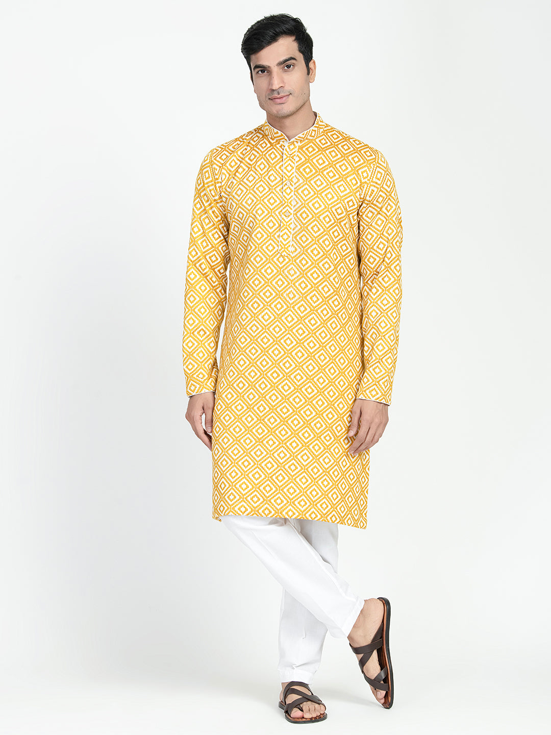 White And Yellow Threadwork Kurta Set