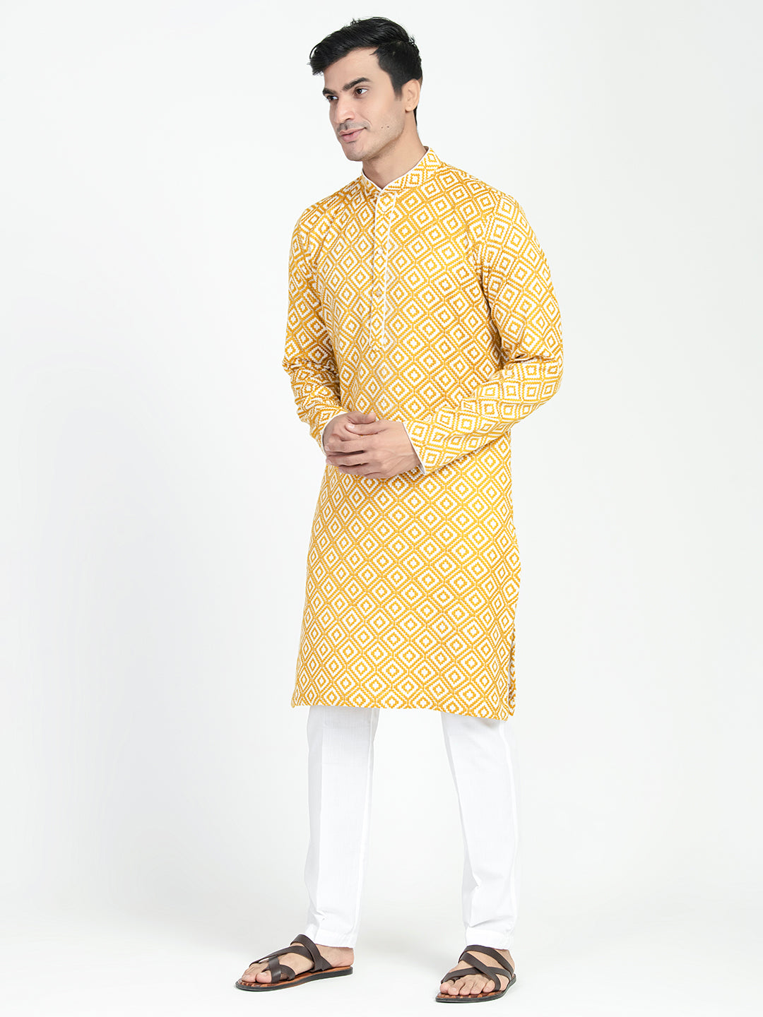 White And Yellow Threadwork Kurta Set