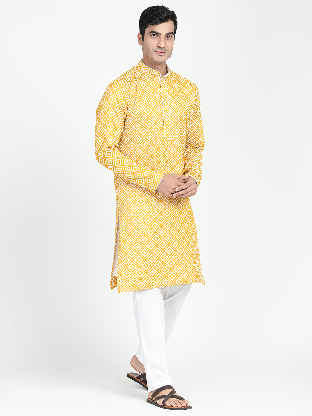 White And Yellow Threadwork Kurta Set