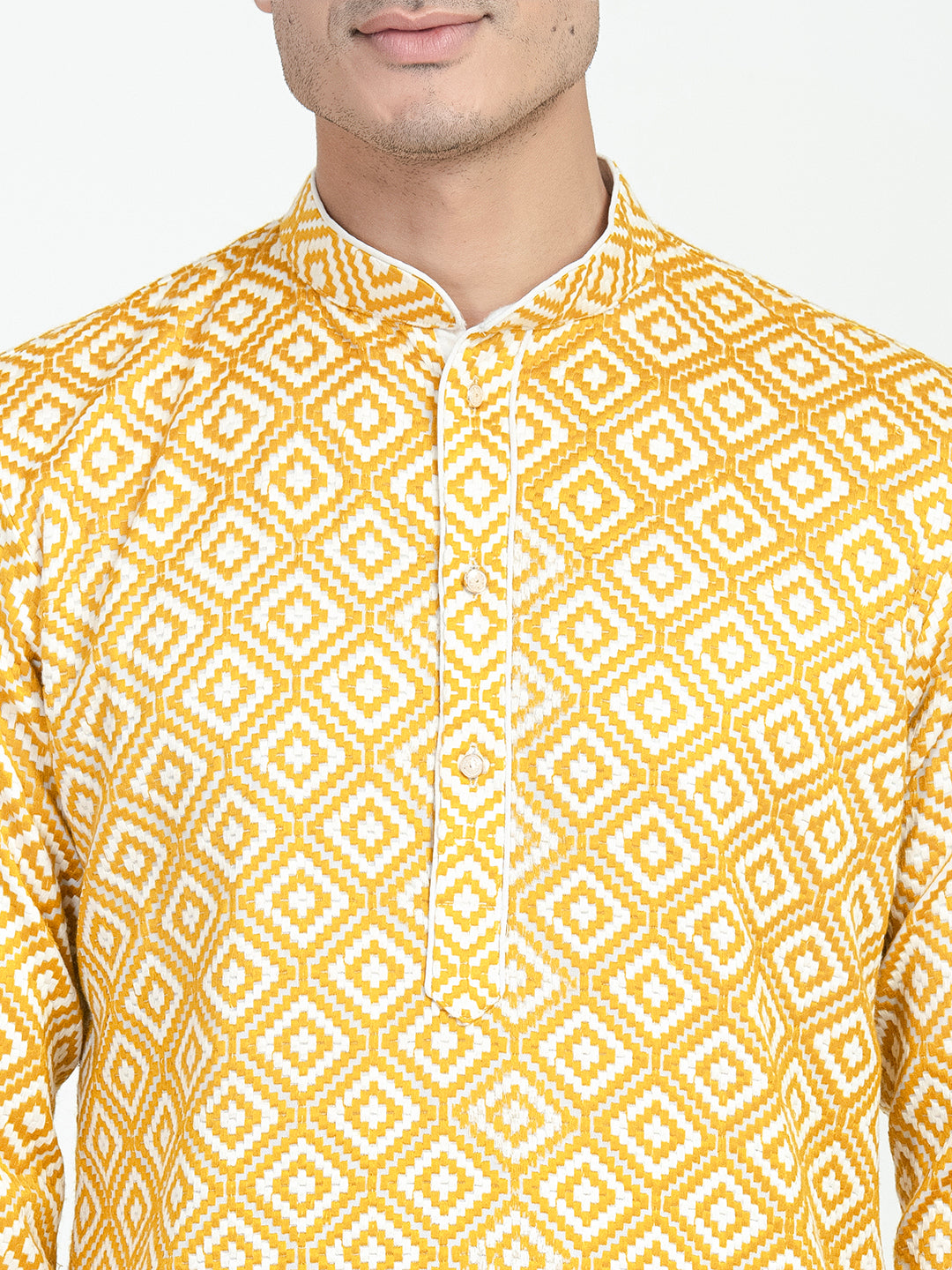 White And Yellow Threadwork Kurta Set