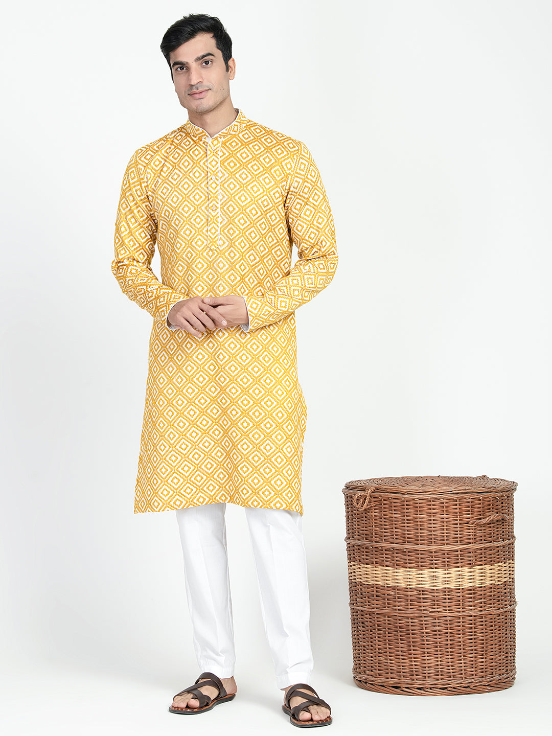 White And Yellow Threadwork Kurta Set