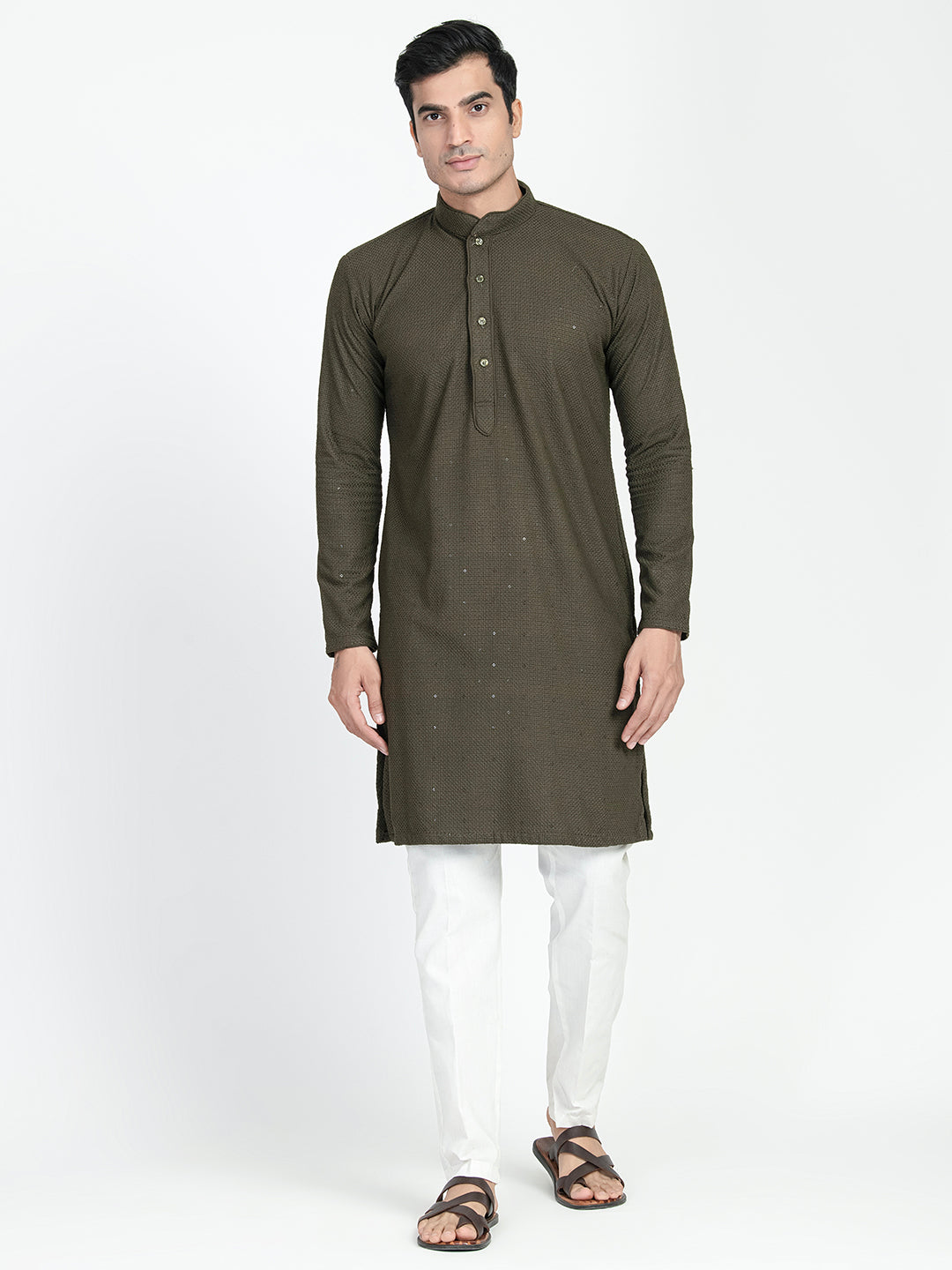 Olive Green Sequins Work Chikankari Kurta Set