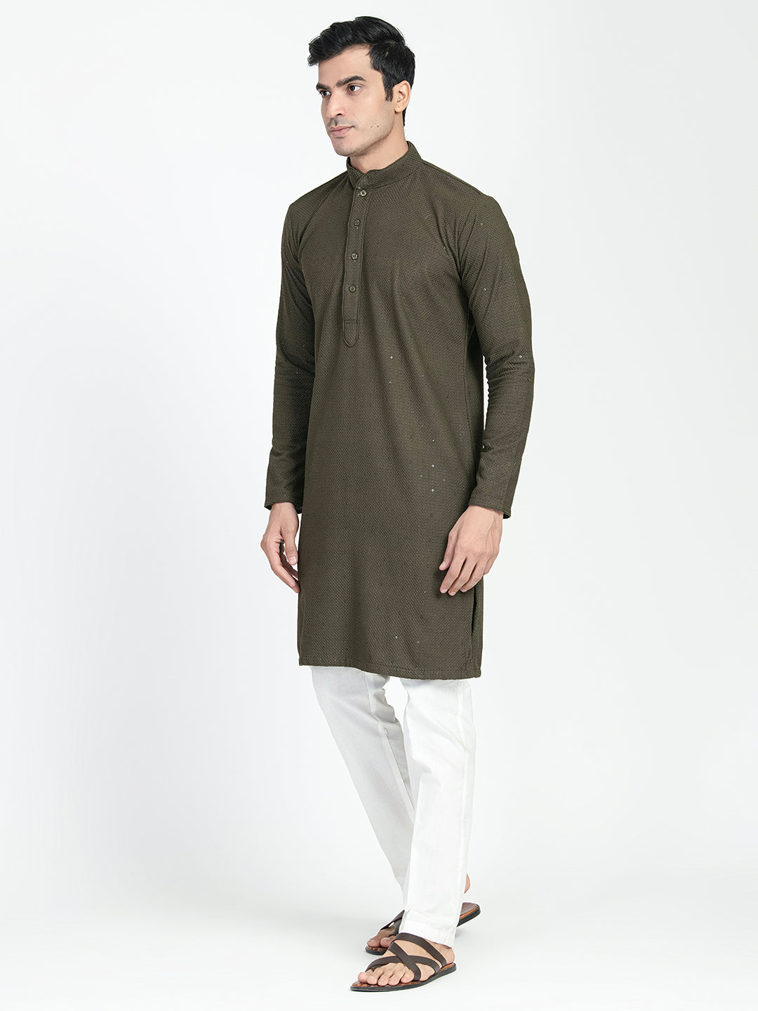 Olive Green Sequins Work Chikankari Kurta Set