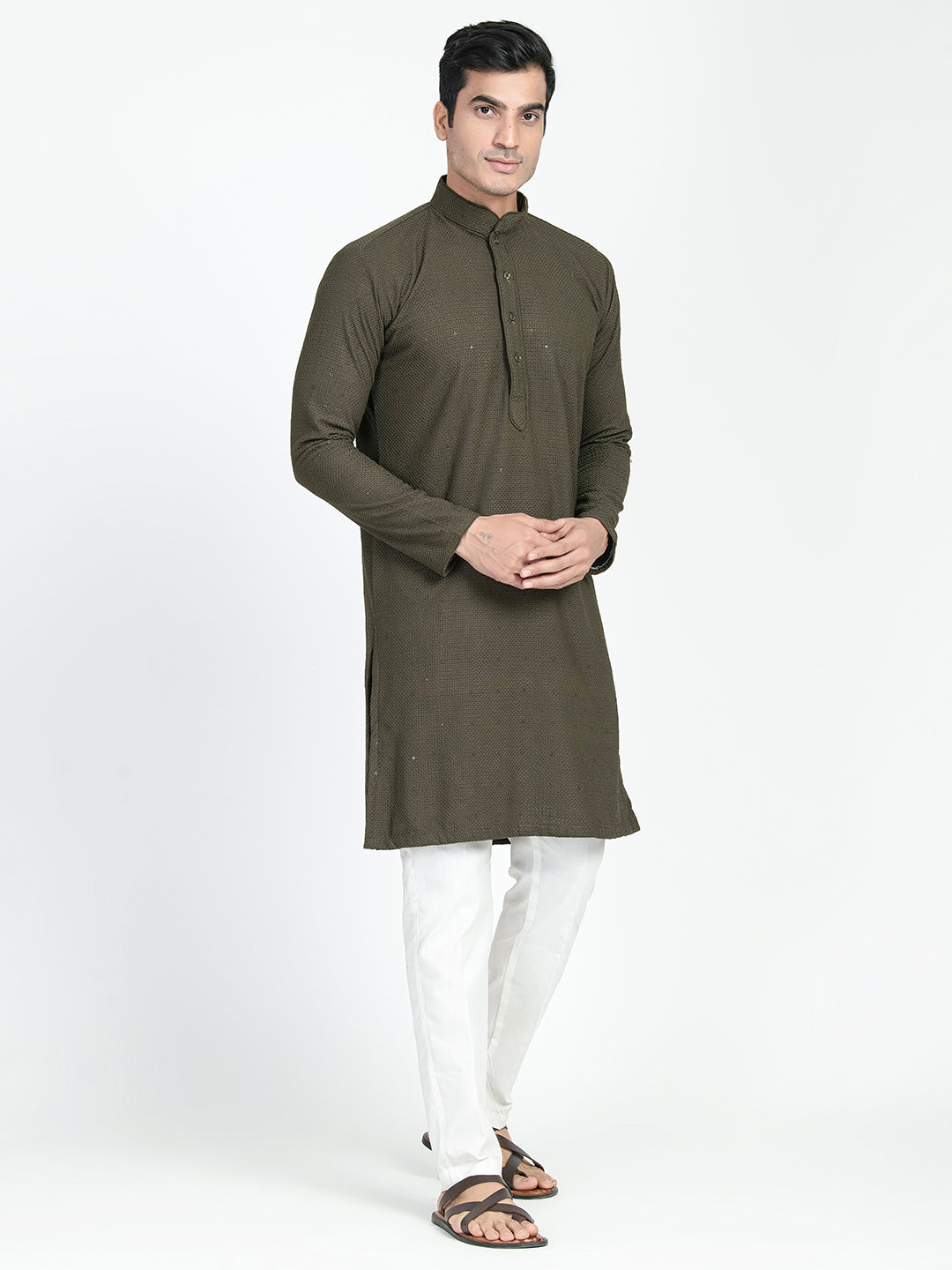 Olive Green Sequins Work Chikankari Kurta Set