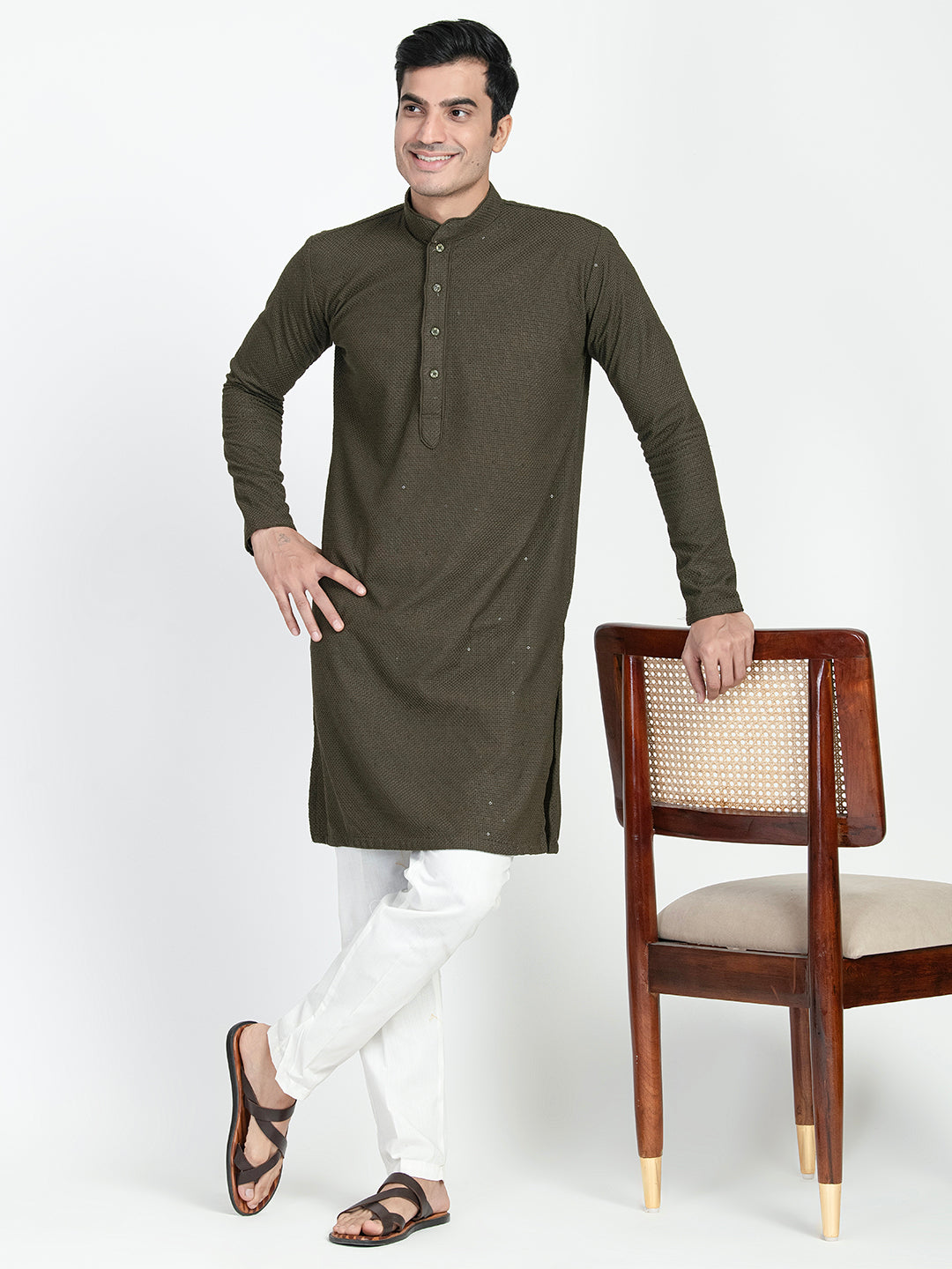 Olive Green Sequins Work Chikankari Kurta Set