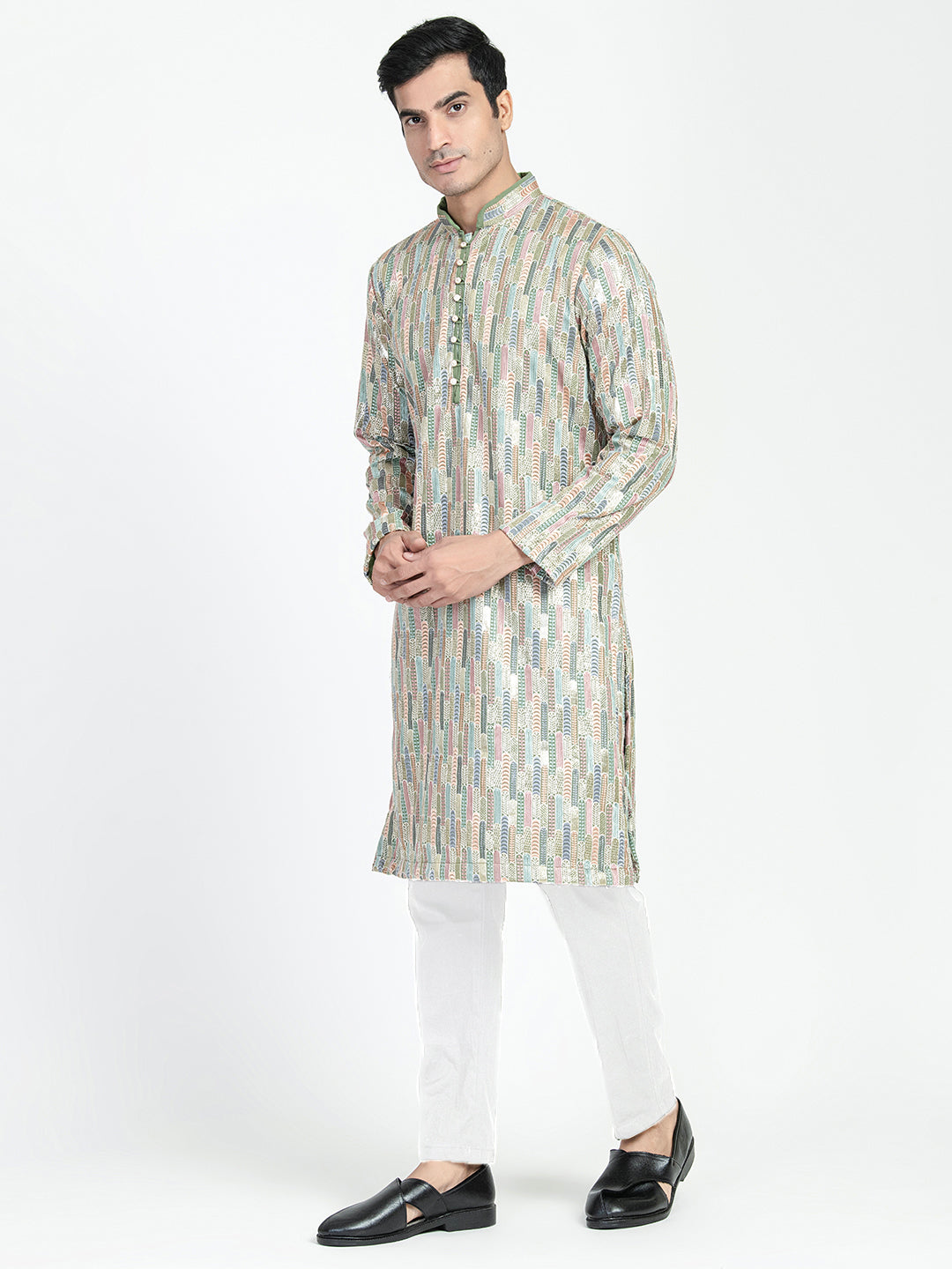 Formal Thread Embroidery Multicolored Kurta Set