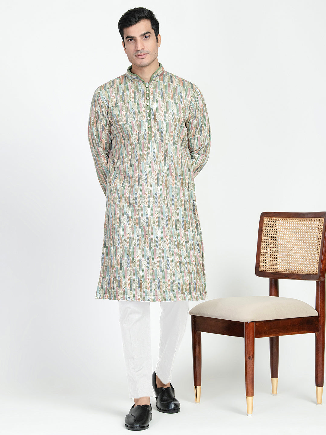 Formal Thread Embroidery Multicolored Kurta Set