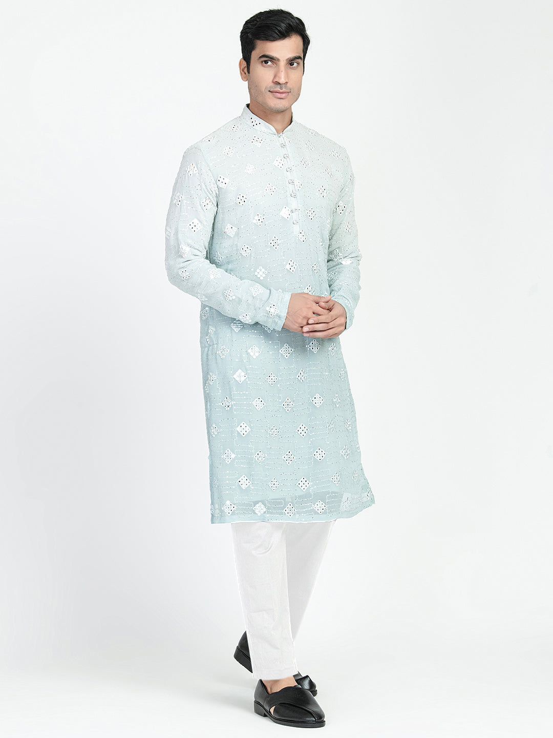 Ombre Effect Sequins Work Mirror Embroidery Kurta Set